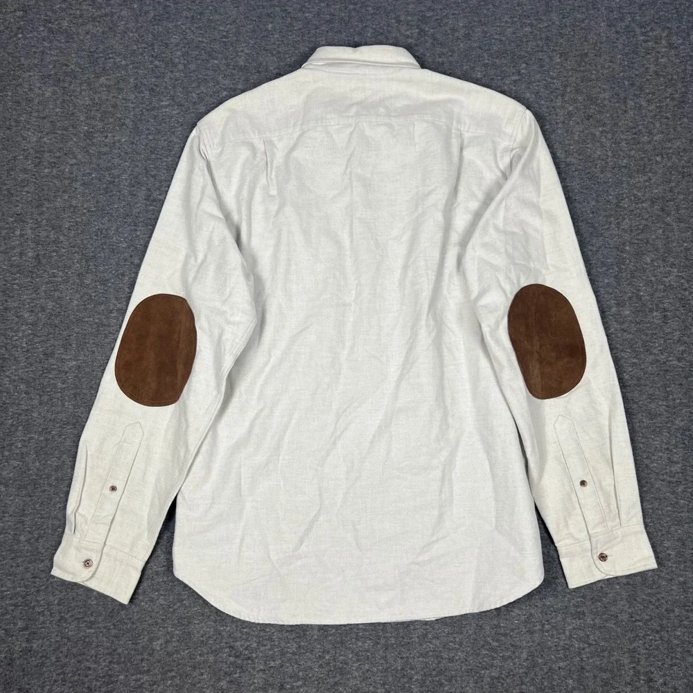 J Crew Oxford Button Down Shirt Medium Cream Leather Elbow Patches Preppy